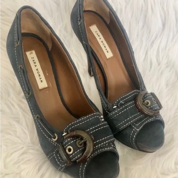 Zara Blue Suede Peep Toe Heels size 7 - Picture 4 of 12